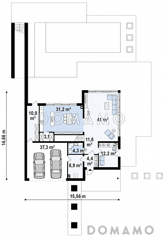 Проект современного двухэтажного дома из кирпича с плоской крышей необычного дизайна, с большими террасами на обоих уровнях, подходит для участка со склоном / План 1 этажа