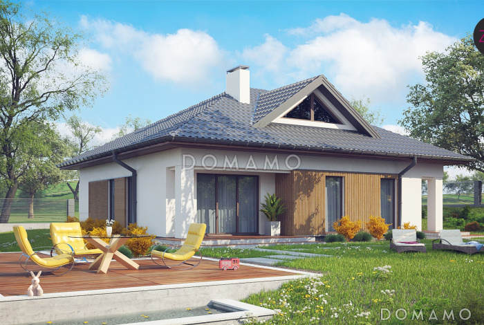 Проект одноэтажного дома из газобетона с тремя спальнями и треугольным окном на чердаке