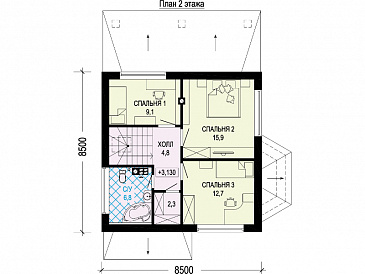Проект одноэтажного мансардного дома из СИП панелей с тремя спальнями, кабинетом, эркером и крытой террасой / План мансардного этажа