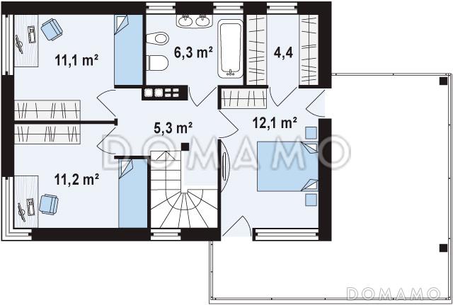 Проект современного двухэтажного дома из газобетона с плоской крышей с кабинетом, гаражом и крытыми террасами на обоих уровнях, адаптированный для сейсмозоны  / План 2 этажа