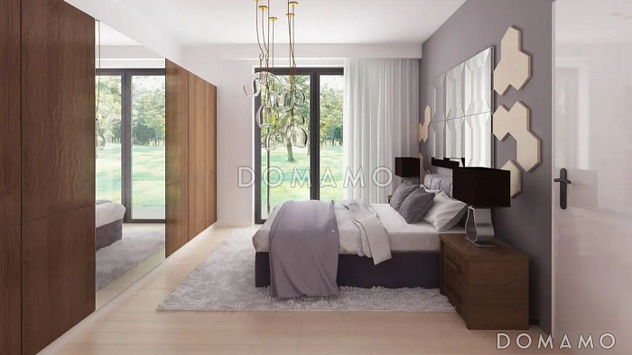 Проект кирпичного дома с террасой, окнами в пол и большой гостиной