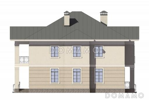 Проект дома с большой гостиной, санузлом, гостевой, хозяйской спальней с балконом / Фасад 4