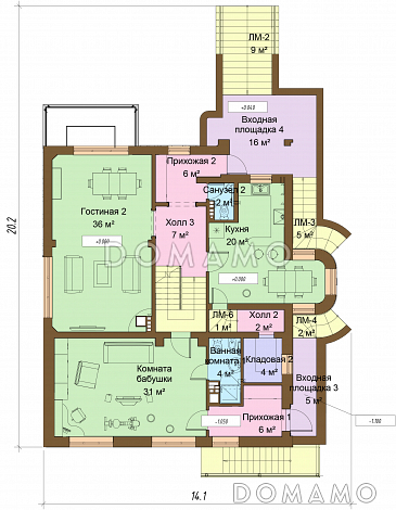 Проект дома с цокольным и мансардным этажами, с круглым эркером и террасой / План 1 этажа