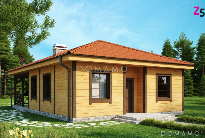 Проект компактного одноэтажного дома из кирпича с барбекю на большой террасе