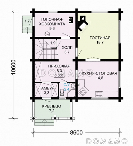 Проект небольшого загородного дома с красивой серой крышей / План 1 этажа