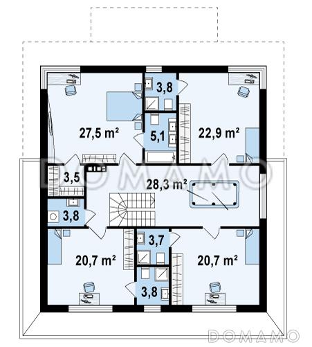Проект просторного двухэтажного дома из кирпича с четырьмя спальнями, кабинетом, большим гаражом и тех помещением / План 2 этажа