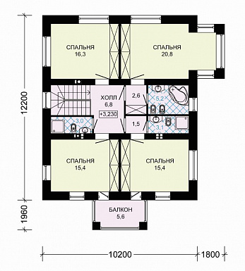 Проект двухэтажного дома с большой гостиной, четырьмя спальными комнатами и балконом / План 2 этажа