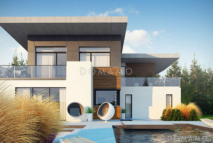 Проект просторного современного двухэтажного дома из кирпича с плоской крышей,  с четырьмя спальнями, гаражом и террасами на обоих этажах