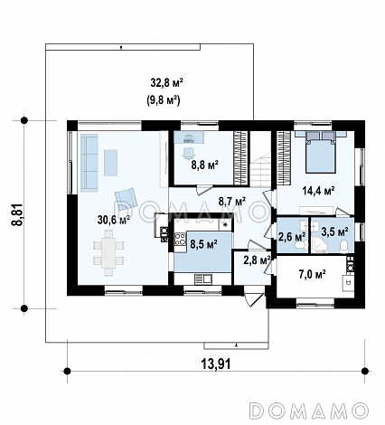 Проект двухэтажного дома из газобетона с пятью спальнями и кабинетом / План 1 этажа