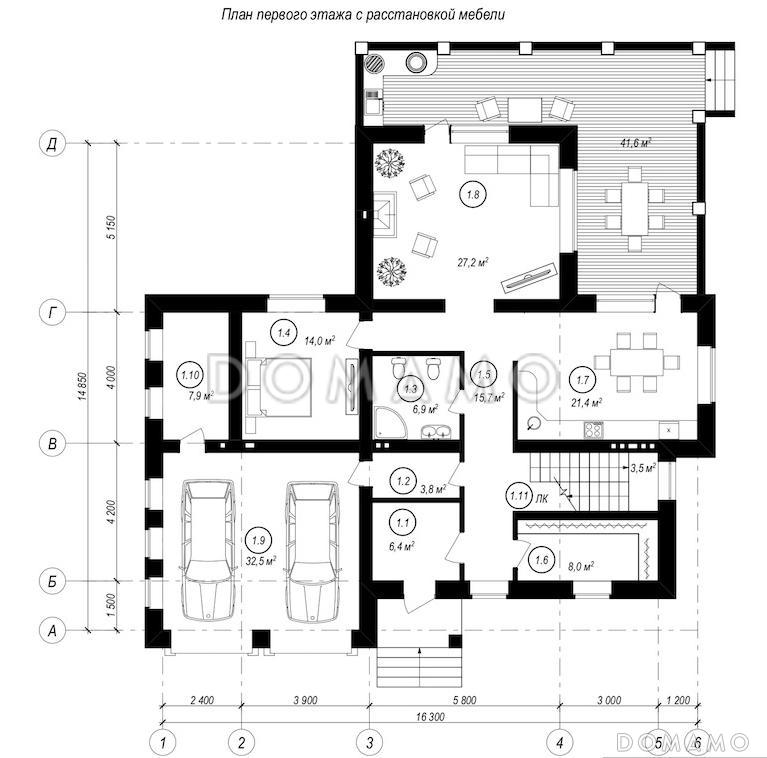 Проект особняка с цокольным этажом, гаражом на две машины, пятью спальнями и террасой с барбекю / План 1 этажа