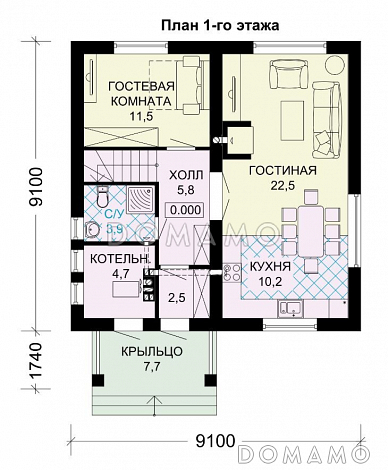 Проект дома из газобетона с тремя спальнями на втором этаже / План 1 этажа