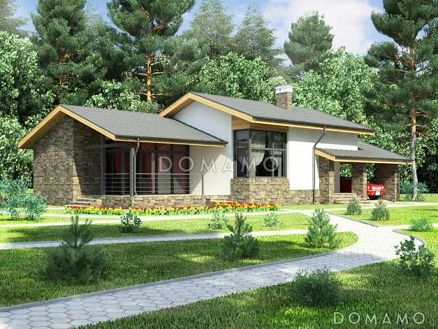 Проект одноэтажного дома с навесом для автомобиля, парной и душевой, двумя спальнями