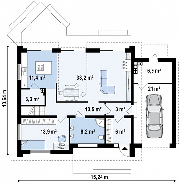Проект одноэтажного коттеджа из газобетона с мансардным этажом со вторым светом, большим панорамным окном и гаражом  / План 1 этажа