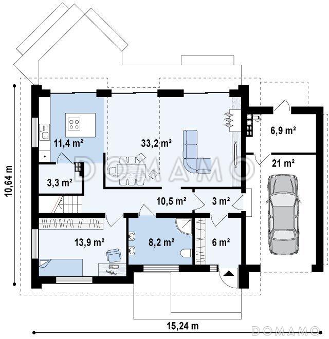 Проект одноэтажного коттеджа из газобетона с мансардным этажом со вторым светом, большим панорамным окном и гаражом  / План 1 этажа