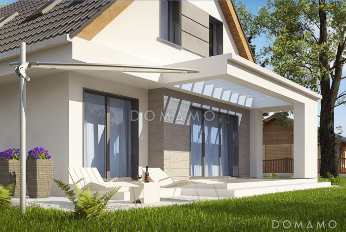 Проект одноэтажного мансардного дома из кирпича с кабинетом,  гаражом и четырьмя спальнями