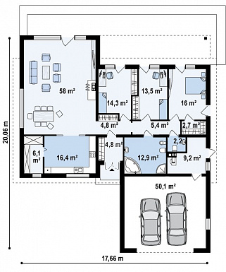 Проект просторного одноэтажного дома из газобетона с тремя спальнями и пристроенным гаражом на два автомобиля / План 1 этажа
