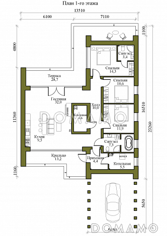 Проект одноэтажного каркасного дома в стиле хай-тек с "живым" навесом / План 1 этажа