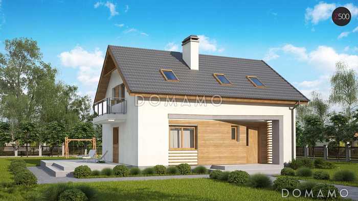 Проект одноэтажного дома из газобетона с оригинальной открытой террасой по периметру и с жилой мансардой