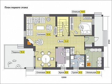 Проект загородного дома с открытой террасой, небольшой кухонной зоной, вторым светом, балконом и лоджией / План 1 этажа