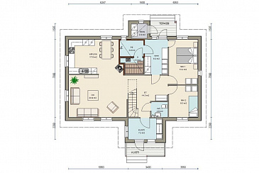 Проект каркасного дома с двумя спальнями на мансардном этаже / План 1 этажа
