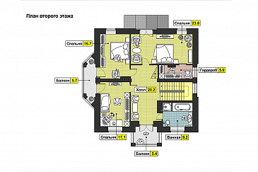 Проект двухэтажного дома с эркером, балконами, зимним садом, спальней на первом этаже / План 2 этажа