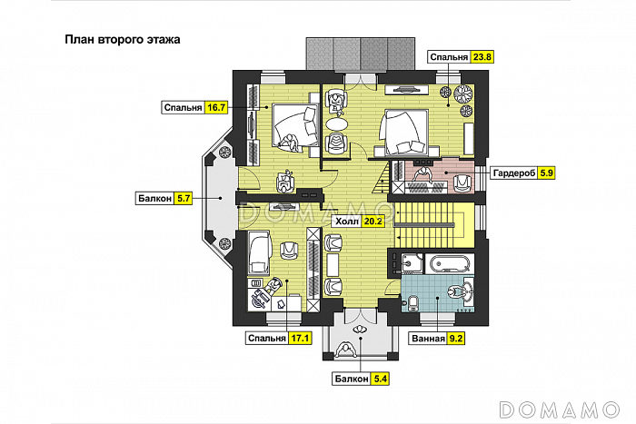 Проект двухэтажного дома с эркером, балконами, зимним садом, спальней на первом этаже / План 2 этажа