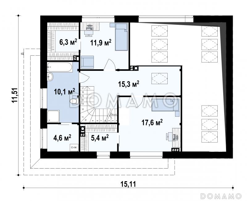 Проект мансардного дома в стиле шале из кирпича с дополнительной спальней на первом этаже, вторым светом и гаражом / План мансардного этажа