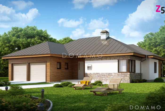 Проект одноэтажного дома из газобетона с тремя спальнями и гаражом на два автомобиля