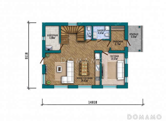 Проект двухэтажного дома с 4 спальнями, совмещенной кухней-гостиной и 4 санузлами / План 1 этажа