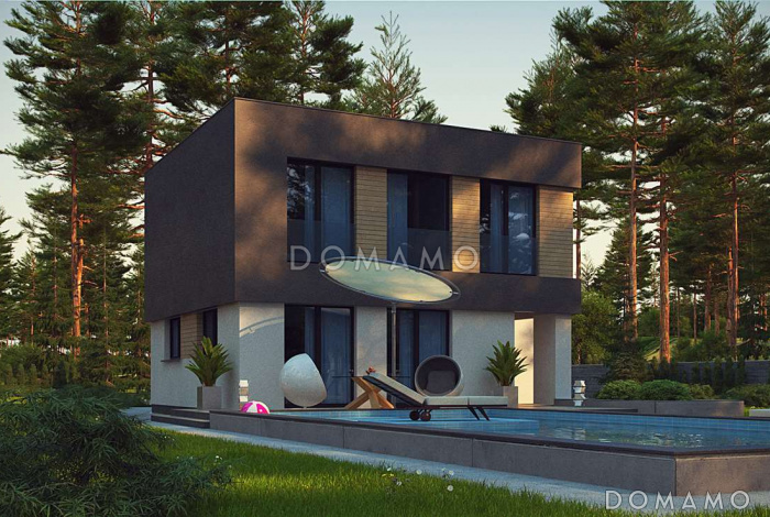 Проект современного двухэтажного дома из кирпича в стиле кубизм с пристроенным гаражом для двух автомобилей