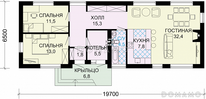Проект одноэтажного дома по технологии ЛСТК с большими окнами в гостиной / План 1 этажа