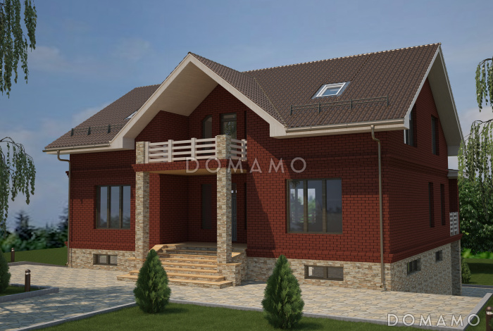 Проект дома с мансардным и цокольным этажом, с гаражом и крытой террасой на втором этаже