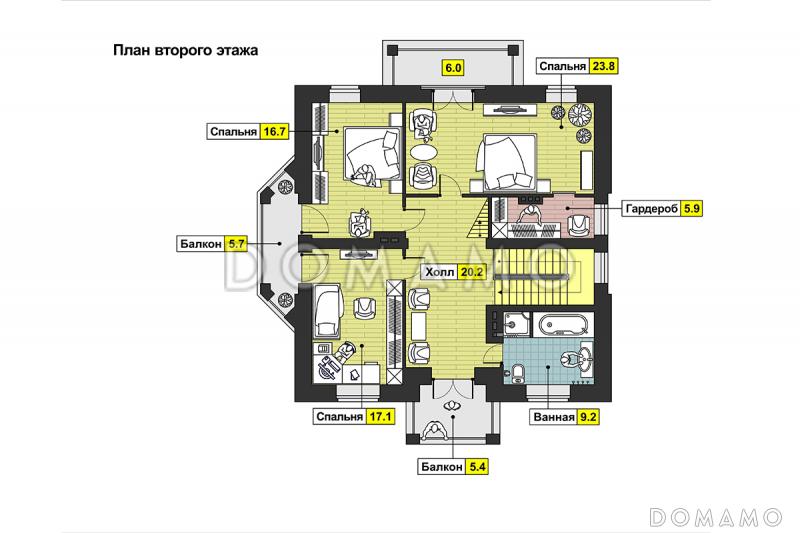Двухэтажный дом с открытой большой террасой, тремя балконами, эркером / План 2 этажа