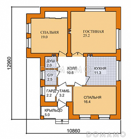Проект кирпичного дома с изолированной кухней, двумя спальнями и небольшой гостиной / План 1 этажа