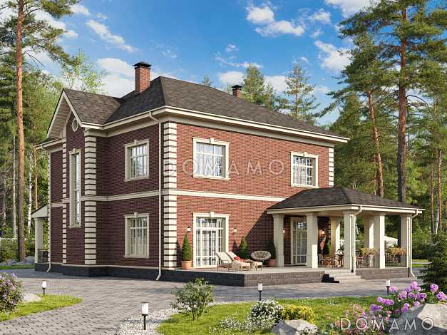 Проект загородного дома с террасами, кабинетом винтовой лестницей на мансарду, большой хозяйской спальней