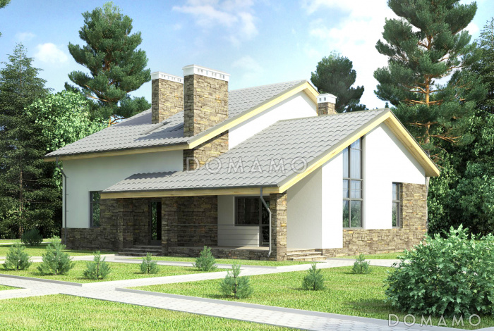 Проект дома с крытой террасой, сауной и душевой, двумя спальнями на первом этаже, гостиной с камином, балконом, вторым светом