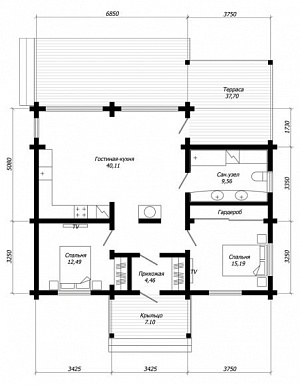 Проект одноэтажного дома из клееного бруса с панорамным остеклением гостиной / План 1 этажа