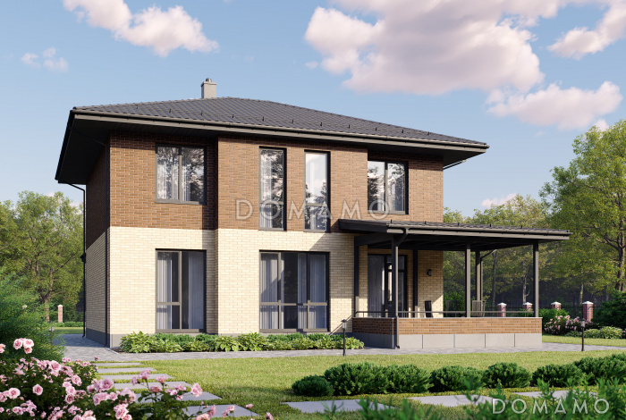 Проект кирпичного дома с кабинетом, 4 спальнями и крытой террасой