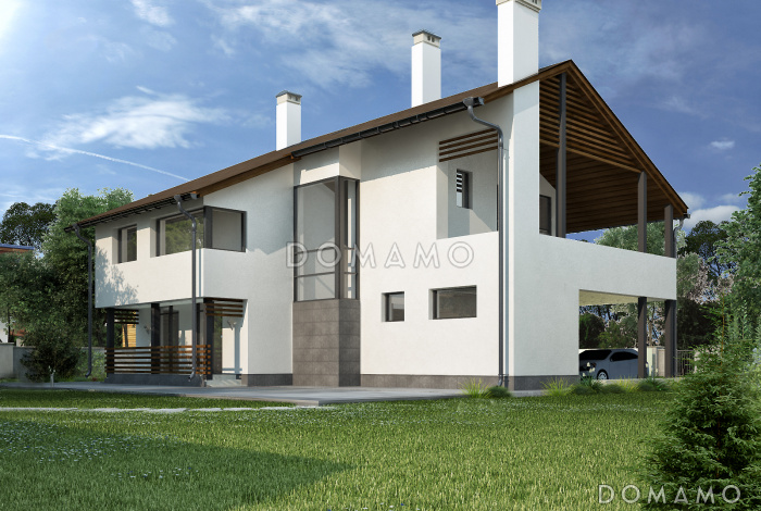 Проект дома с автостоянкой, барбекю на террасе, вторым светом, сауной, лоджией и небольшим балконом