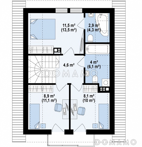 Проект компактного одноэтажного мансардного дома из газобетона с кабинетом и балконом / План мансардного этажа