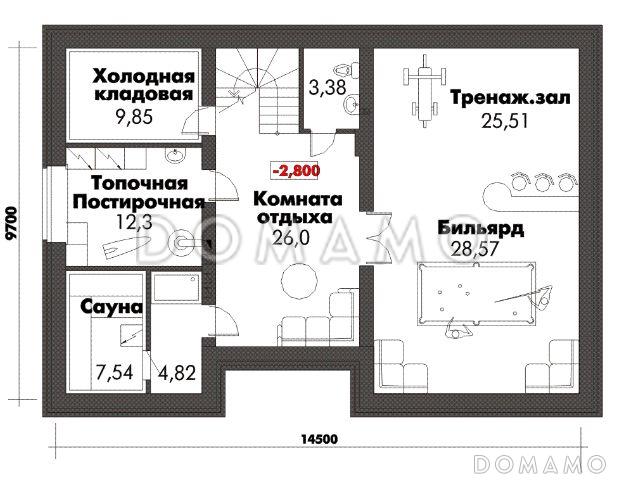Проект дома с цокольным этажом, бильярдной и тренажерным залом / План цокольного этажа
