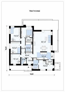 Проект просторного современного одноэтажного дома из газобетона с тремя спальнями, кабинетом / План 1 этажа