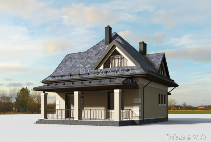 Проект дома с эркером в кухне, террасой, гостевой комнатой на первом этаже