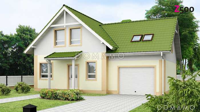 Проект классического одноэтажного мансардного дома из газобетона с четырьмя спальнями и гаражом