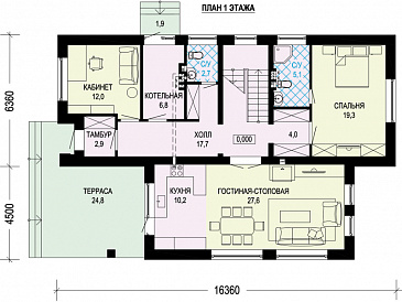 Проект загородного дома с террасой, кабинетом, совмещенной гостиной-столовой / План 1 этажа