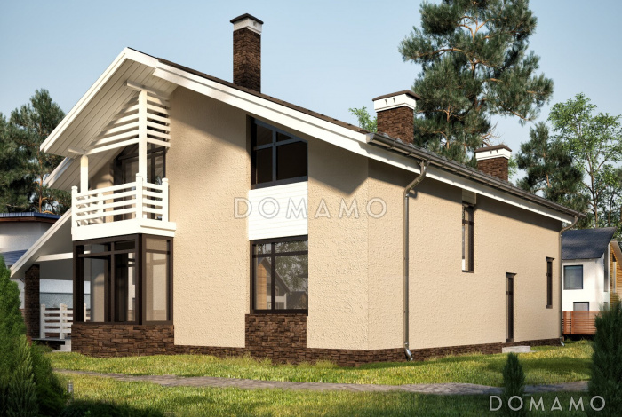 Проект дома с большой террасой, кухней с эркером, сауной, кладовой у лестницы