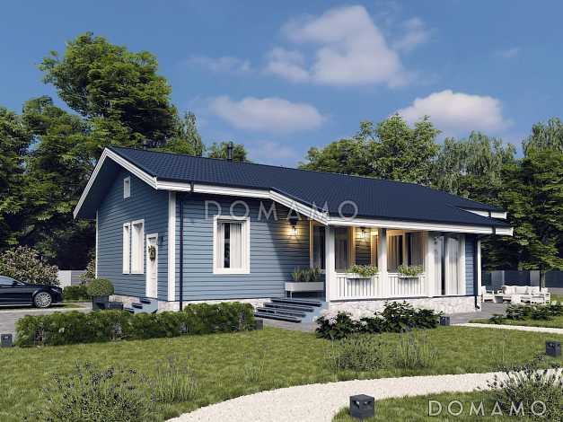 Проект одноэтажного финского дома на 4 спальни, с сауной и террасой
