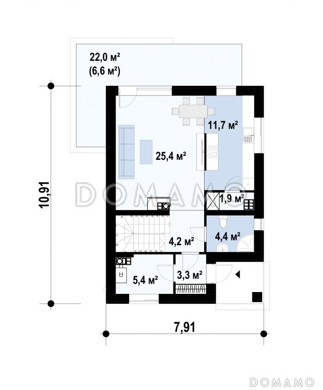 Проект дома с террасой, подвалом, кухней с кладовой, санузлом с душем на первом этаже / План 1 этажа