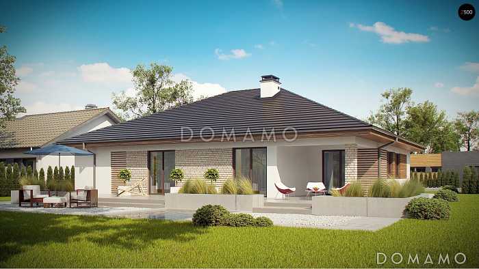 Проект одноэтажного дома с гаражом на две машины, мастер-спальней, кладовой на кухне, террасой