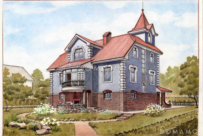 Проект трёхэтажного коттеджа с башенкой и пандусом